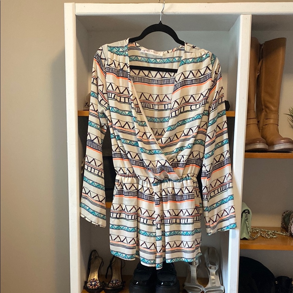 Honey Belle Blue and Brown V-Neck Bell Sleeve shorts romper